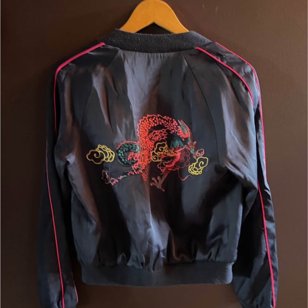 BCBGMaxAzria Navy Bomber Jacket with Colorful Embroidery - Picture 2 of 4